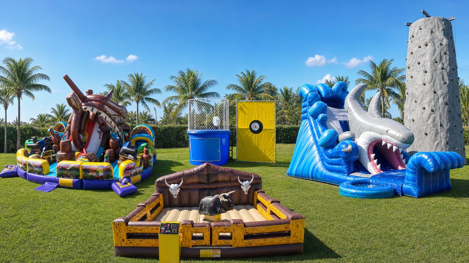 Inflatable rentals in Miami: pirate bounce house playland, dunk tank, mechanical bull, shark water slide and rock climbing wall